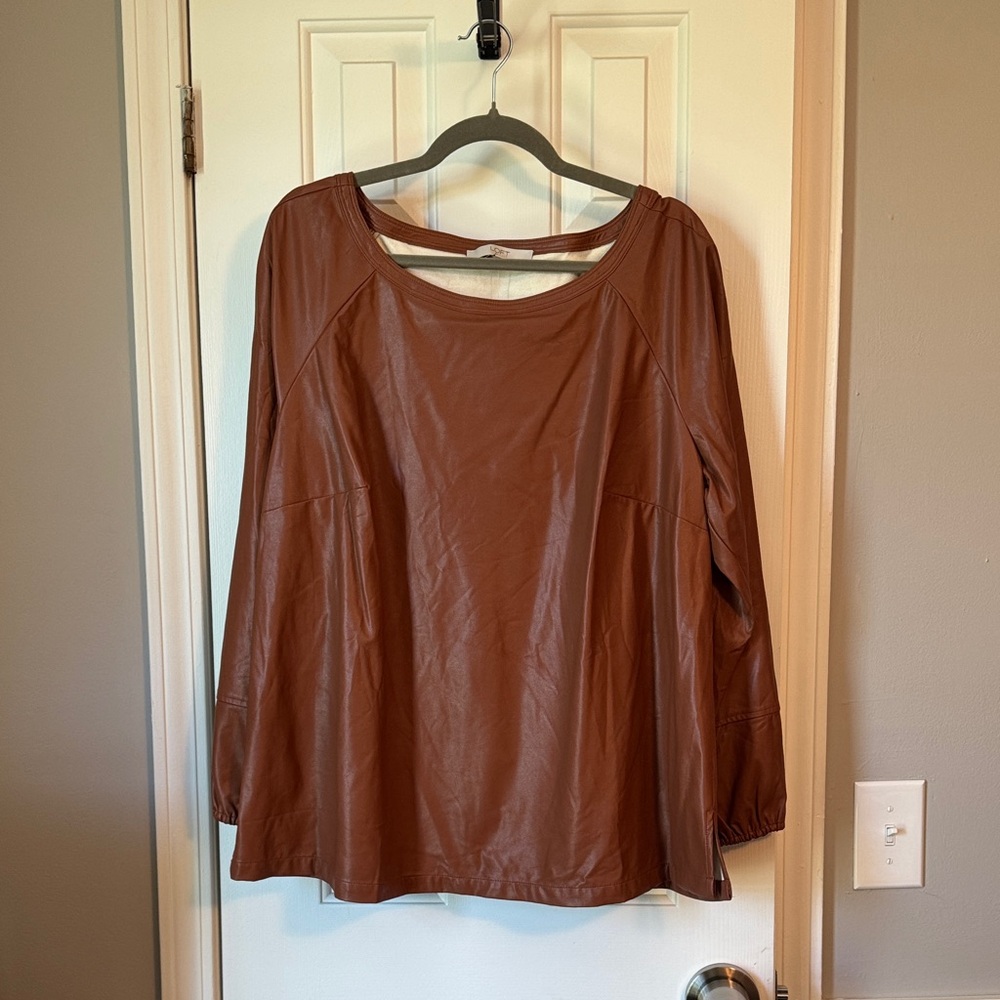 NWT LOFT Brown Faux-Leather Long Sleeve Top (11)